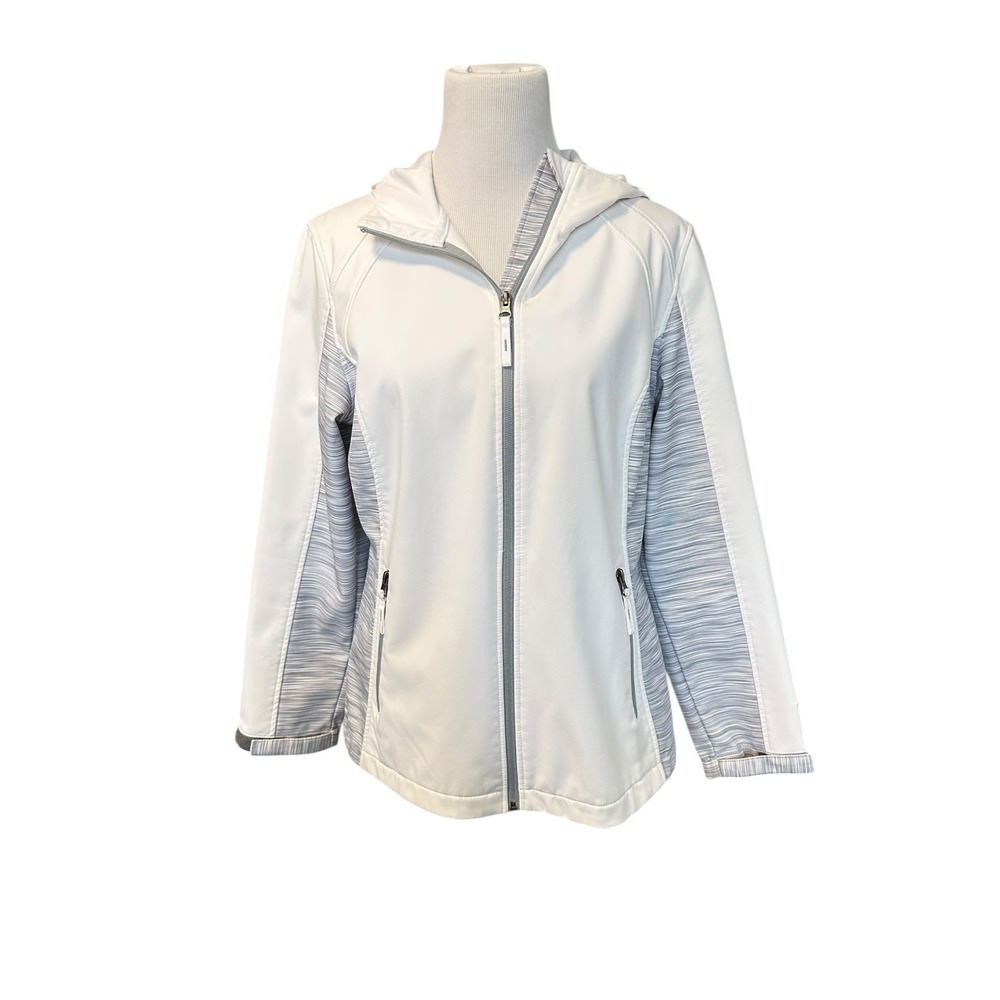 FREE TECH Womens White Gray Striped Sleeve Hooded Jacket Full Zip Athleisure‎
